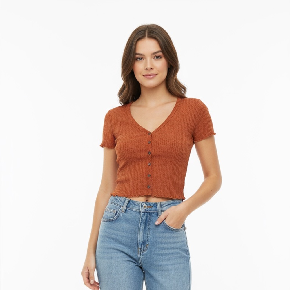 🧡 Rust Button-Up Ribbed Crop Top – Forever 21 (Size Small)